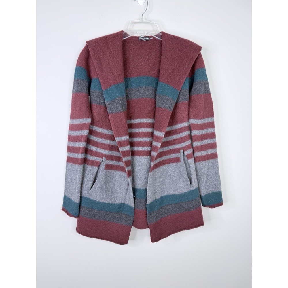 Toad&Co 100% Merino Wool Heartfelt Hoodie Cardigan M Striped Open Front Sweater